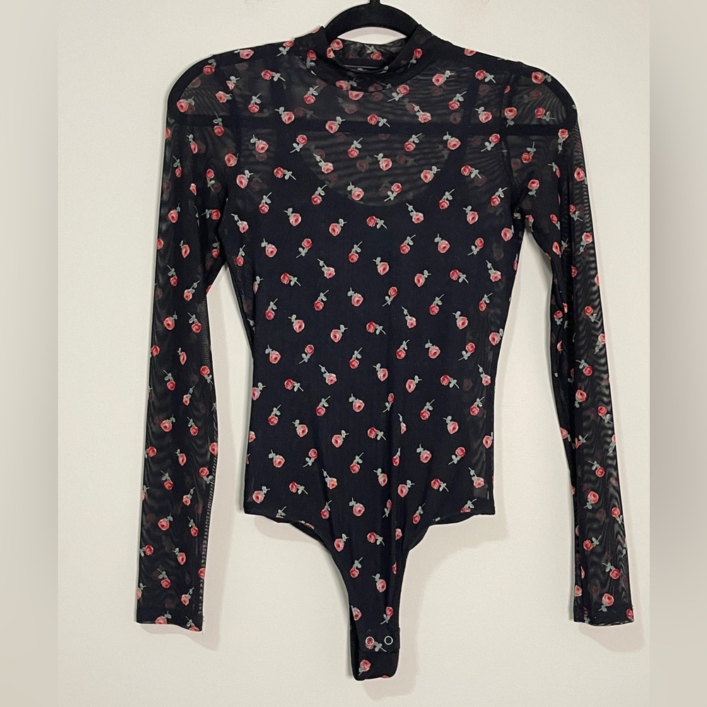 Hollister Co. Juniors Bodysuit Size XS Black Mesh Mockneck Rose Snap Closure Top